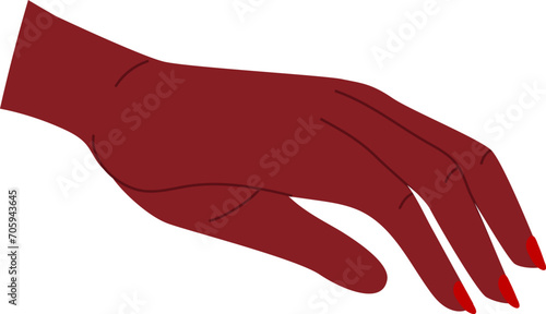Close up of elegant female hand with red nails, Burgundy hand drawing with detailed fingers and fingernails. Elegant hand gesture and fashion, feminine touch vector illustration.
