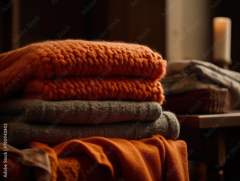 Knitted Autumn Blankets Lie In A Pile, Creating An Autumn Atmosphere Knitted Autumn Blankets Lie In A Pile, Creating An Autumn Atmosphere