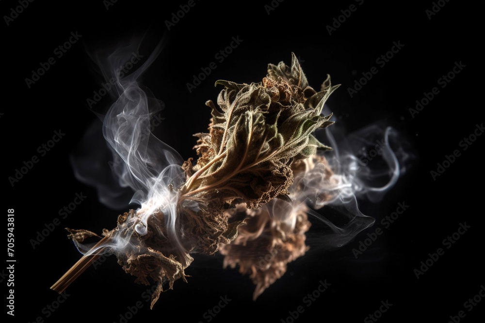 marijuana plant in smoke of on a dark background, generative AI