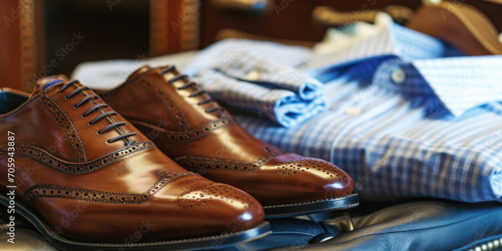 Men's Formal Wear: Polished Brown Shoes with Blue Checkered Shirt Men's Formal Wear: Polished Brown Shoes with Blue Checkered Shirt