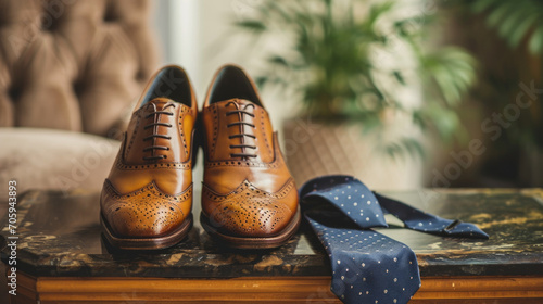 Classic Men's Fashion: Brown Leather Brogues with Blue Necktie photo