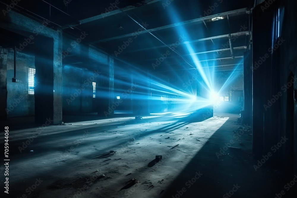Industrial Dark Abandoned Premises With Blue Light Rays From Window