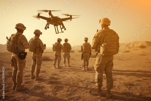 Modern Soldiers Use High Technology Quadcopter Drones To Observe Terrain