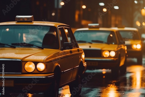 Yellow Taxi cars driving down the street in the evening after the rain