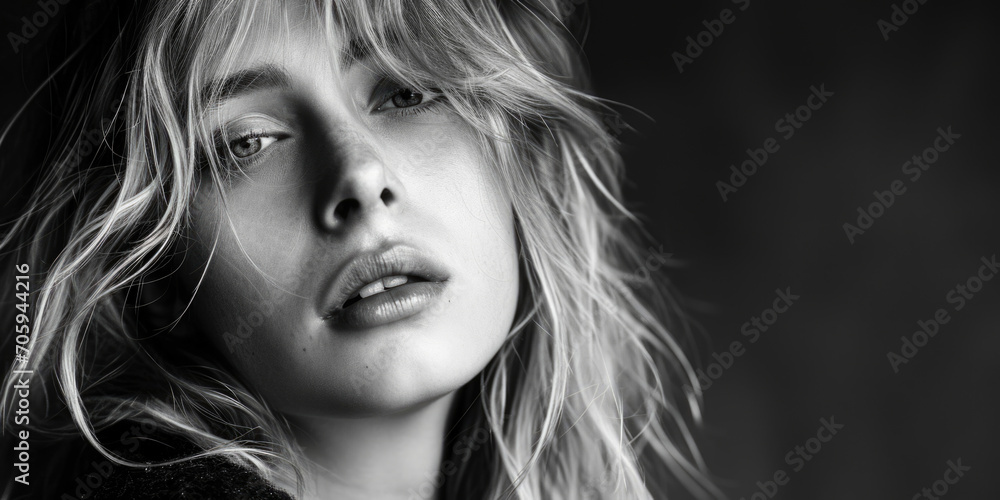 Introspective Elegance in Monochrome: Close-Up of a Pensive Woman with Windswept Hair Introspective Elegance in Monochrome: Close-Up of a Pensive Woman with Windswept Hair