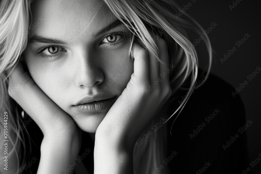 Monochromatic Muse: Blonde Woman with a Dreamy Gaze and Ethereal Pose Monochromatic Muse: Blonde Woman with a Dreamy Gaze and Ethereal Pose