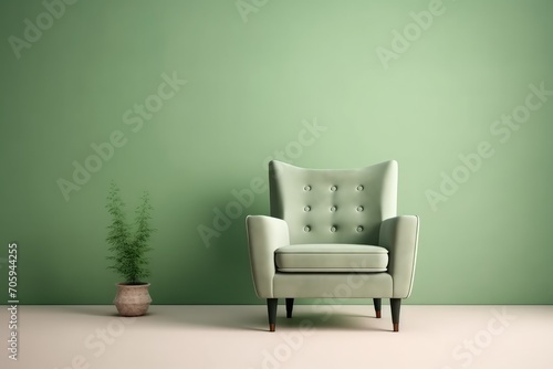 Living room with green armchair on empty dark green wall © Tor Gilje