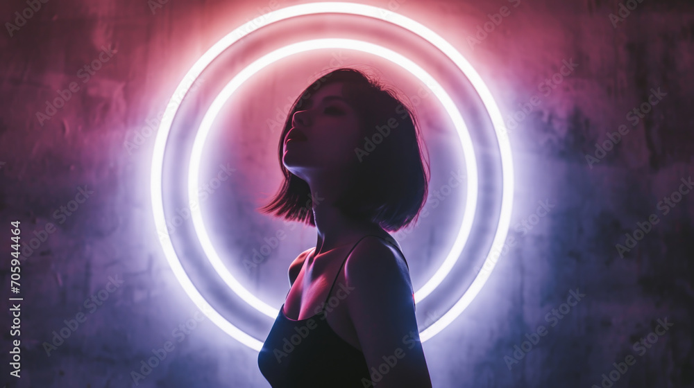 Neon Dreams: Fashionable Woman Posing with Purple Circular Backlight
