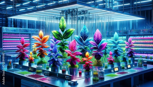 Futuristic Biotechnology Lab with Colorful Genetically Engineered Plants photo