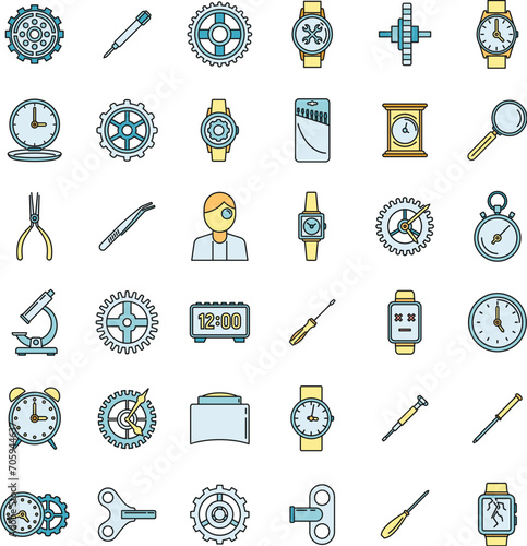 Mechanic watch repair icons set. Outline set of mechanic watch repair vector icons thin line color flat on white