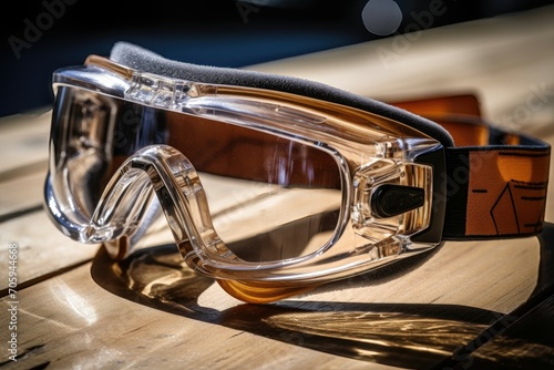 Close-up of clear protective goggles with foam padding, essential safety gear for woodworking. photo