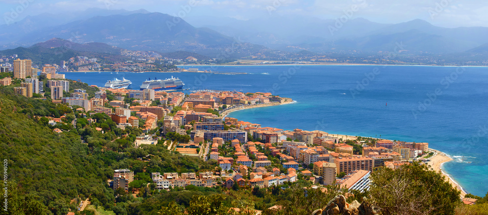Aerial view of Ajaccio with cruise ship in the background, Corsica, France