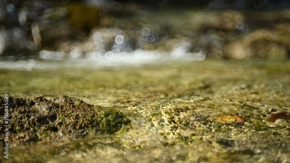 Water from a mountain stream flows over a stone (bokeh, slow motion)
