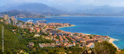 Fototapeta Naklejka Na Ścianę i Meble -  Aerial view of Ajaccio with cruise ship in the background, Corsica, France