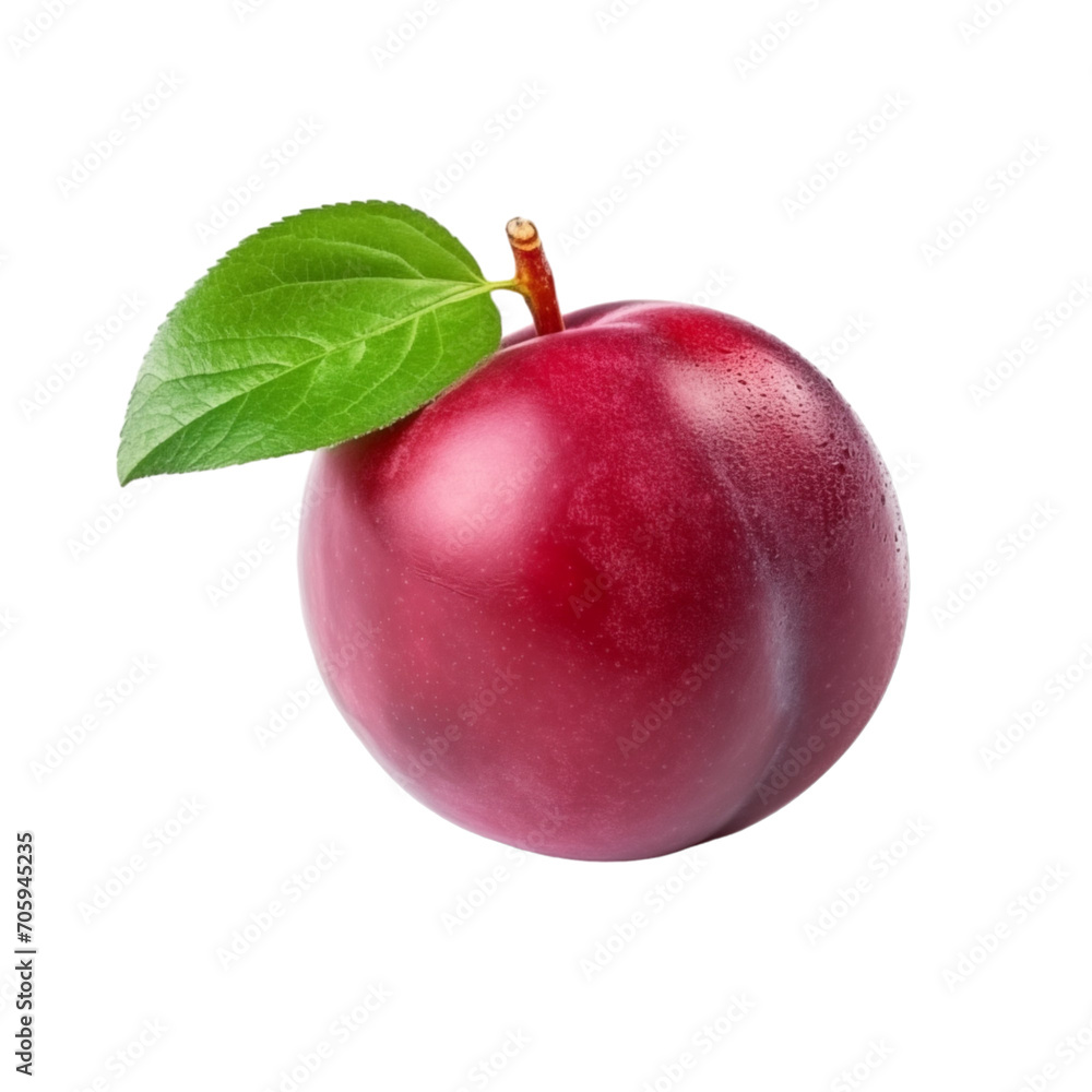 fresh organic red plum cut in half sliced with leaves isolated on white background with clipping path