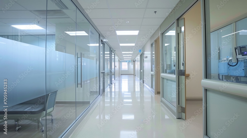 Glass walls in corridor at medical clinic