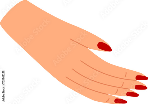 Close-up of a woman s hand with red nail polish. Feminine hand gesture, manicure concept. Beauty and fashion vector illustration.