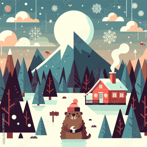 A flat vector illustration of the happy Groundhog Day holiday on February 2 with a cute groundhog waking up to greet spring. the concept of a national holiday, folk signs