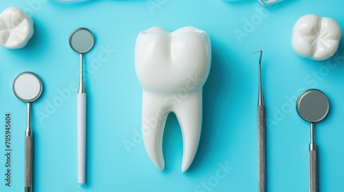 A pristine white  healthy tooth is prominently displayed in the foreground against a dental background
