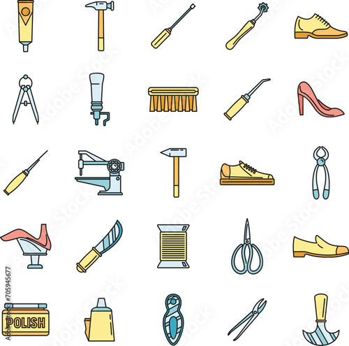 Shoe repair shop icons set. Outline set of shoe repair shop vector icons thin line color flat on white