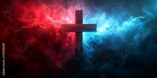 Divine Power - Cross Amidst Red and Blue Lightning