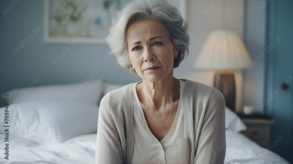mature woman has headaches , senior female sitting on the bed in bedroom at home. Upset sad senior female feel unwell or stressed suffering from insomnia mature woman has headaches , senior female sitting on the bed in bedroom at home. Upset sad senior female feel unwell or stressed suffering from insomnia