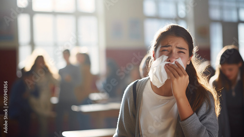 Ill schoolgirl sneezing with nose napkins in school hallway. 