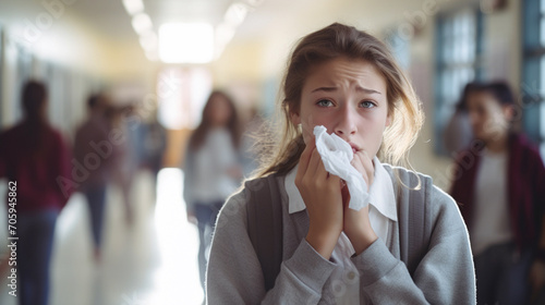 Ill schoolgirl sneezing with nose napkins in school hallway. 