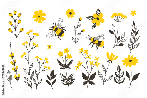 Set of bees and yellow flowers isolate on a white background. Vector graphics.