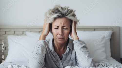 mature woman has headaches , senior female sitting on the bed in bedroom at home. Upset sad senior female feel unwell or stressed suffering from insomnia