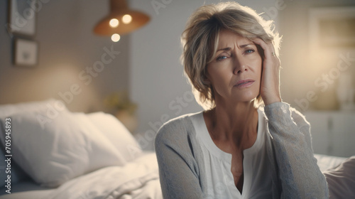 mature woman has headaches , senior female sitting on the bed in bedroom at home. Upset sad senior female feel unwell or stressed suffering from insomnia photo