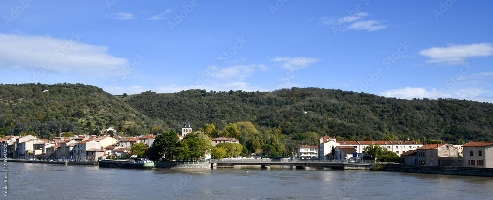Scenic landscape of the Rhone River through France