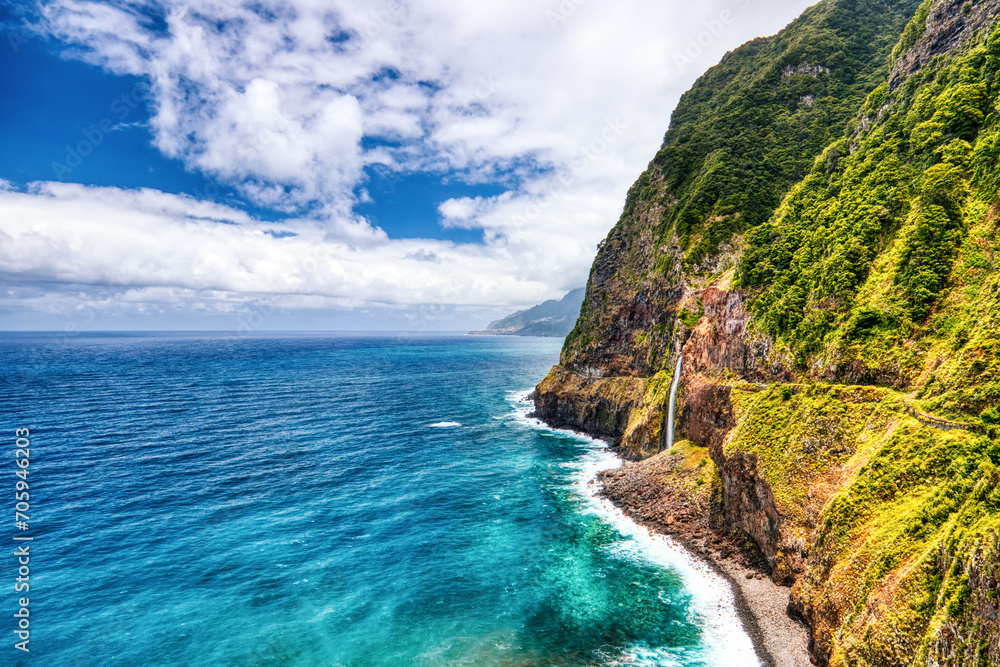 Madeira Wild Coast with Waterfall view from Veu da Noiva Viewpoint Madeira Wild Coast with Waterfall view from Veu da Noiva Viewpoint