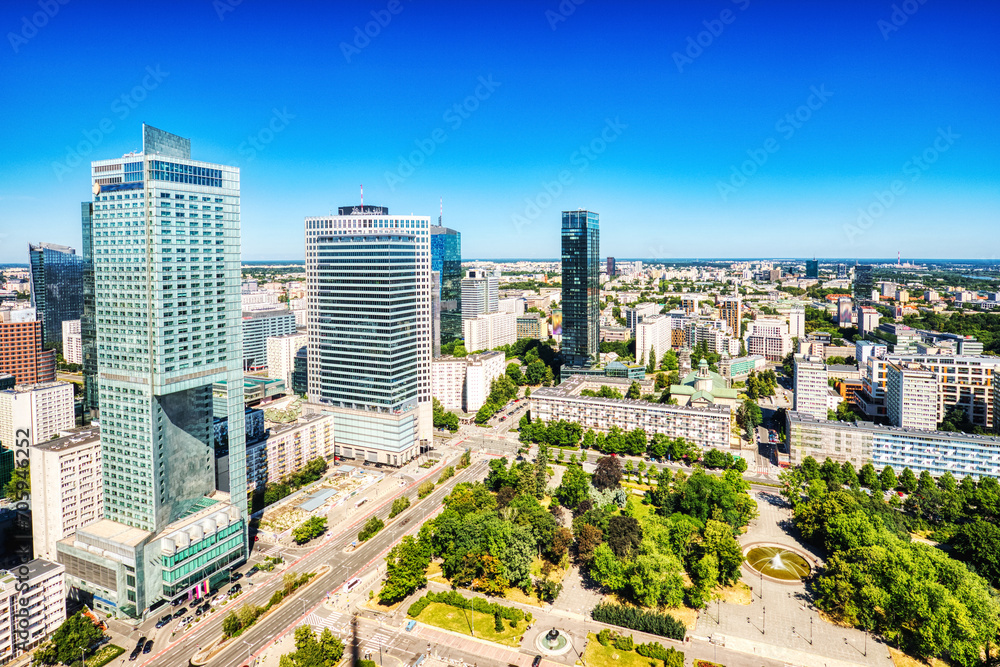 Warsaw City Aerial View with Modern Skyscrapers during a Sunny Day