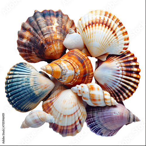 Colorful seashells isolated on white background, grunge, png 
