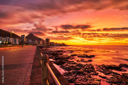 Cape Town Downtown Seaside during Vivid Sunset with Lions Head in the Background