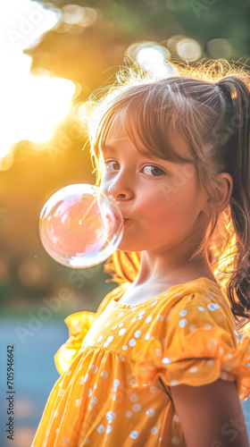 young girl in a yellow dress blowing a bubble gum bubble, with a soft-focus sunlit background, capturing a moment of playful innocence