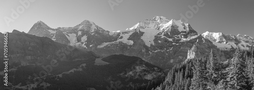 The panorama of Bernese alps with the Jungfrau, Monch and Eiger peaks in the morning light. photo