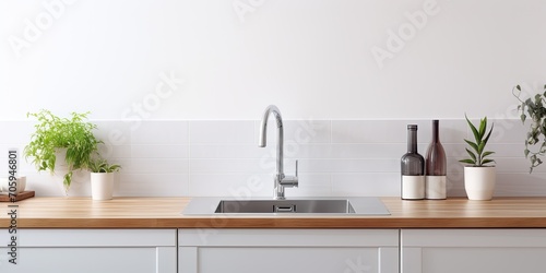Modern, stylish, and minimalistic kitchen with a white countertop, sink faucet, electric kettle, and glass apron. photo