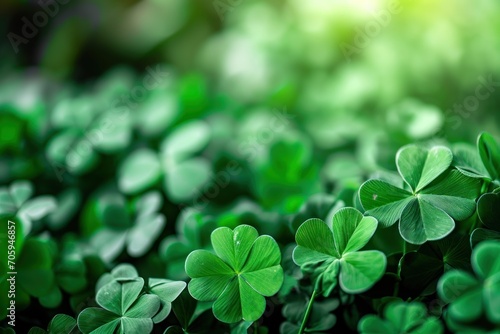 Green clover leaves with dew drops.  Green clover leaves in sunlight. St. Patrick's Day background. St. Patrick's Day background with shamrocks and bokeh. Saint Patrick's Day Concept with Copy Space. © John Martin