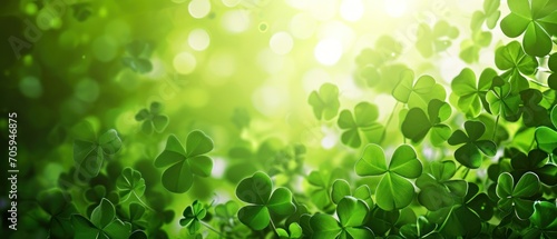Green clover leaves with dew drops.  Green clover leaves in sunlight. St. Patrick's Day background. St. Patrick's Day background with shamrocks and bokeh. Saint Patrick's Day Concept with Copy Space. photo