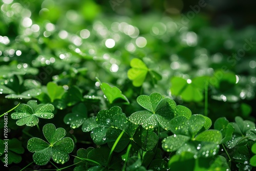 Green clover leaves with dew drops. Green clover leaves in sunlight. St. Patrick's Day background. St. Patrick's Day background with shamrocks and bokeh. Saint Patrick's Day Concept with Copy Space.