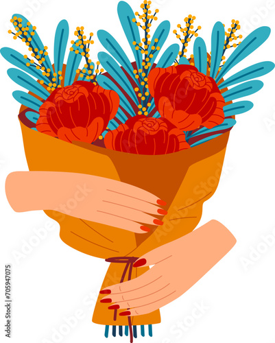 Hands holding a bouquet of red flowers and blue leaves, wrapped in orange paper. Gift of flowers and appreciation vector illustration.