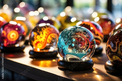 Artistic glass orbs on display with vibrant swirls.