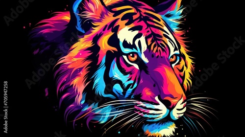 Tiger animal wildlife  rainbow vibrant colorsplash  watercolor style dark background. Generate AI