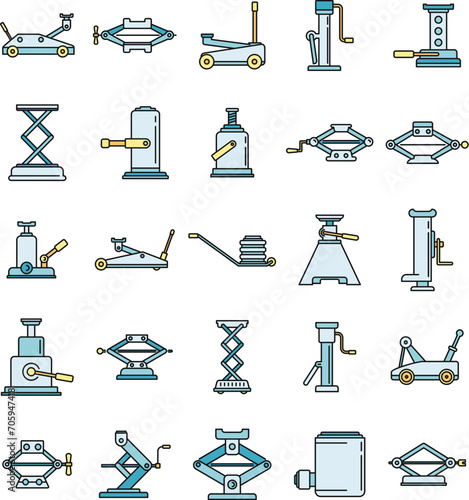 Modern jack-screw icons set. Outline set of modern jack-screw vector icons thin line color flat on white