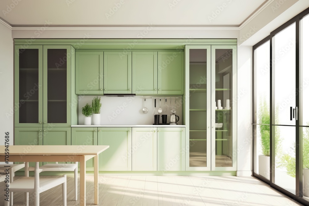 Modern design kitchen with sage green cabinet marble coun