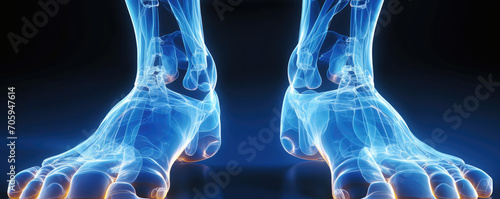 Feet X ray illustration, bones foot painful joints on black background. © Alena
