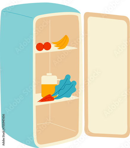 Open refrigerator with few items on shelves. Vector art of empty fridge with a bottle, produce. Kitchen appliance with minimal food storage vector illustration.