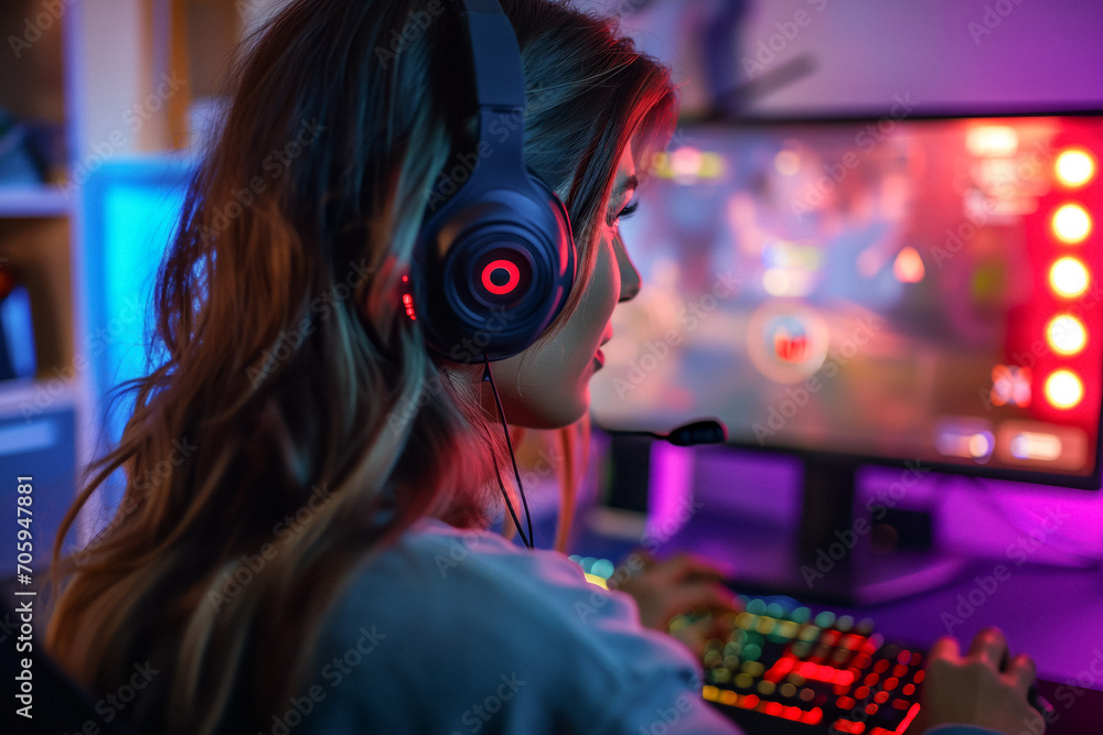 Cute young woman playing online video games and streaming online with a headset. Generative AI. Cute young woman playing online video games and streaming online with a headset. Generative AI.